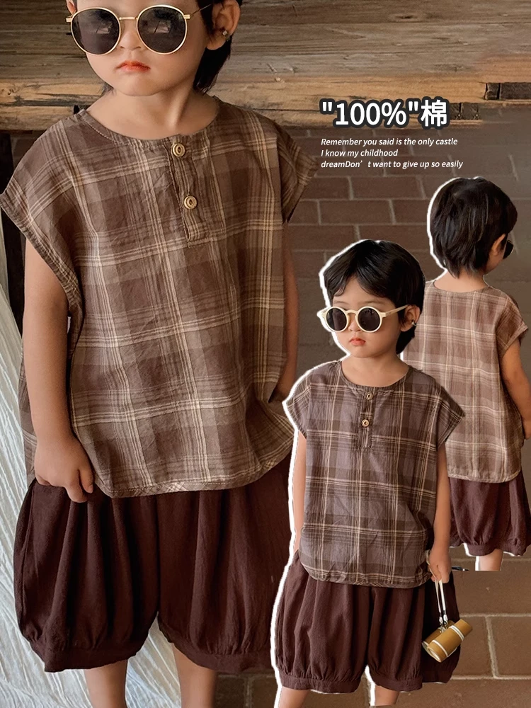 《夏上新》男童童圆领拼色格纹T恤新款夏装森系儿童上衣潮25XL1043