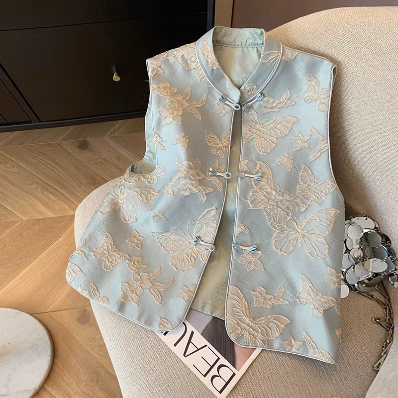 1-1粉艳蝶舞新中式轻国风提花织锦缎马甲上衣女文艺气质马夹