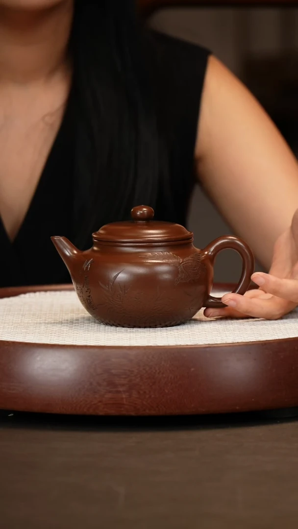 茶壶紫砂【邵忠源】古莲子壶  紫檀紫泥280cc+梅兰竹菊四条屏