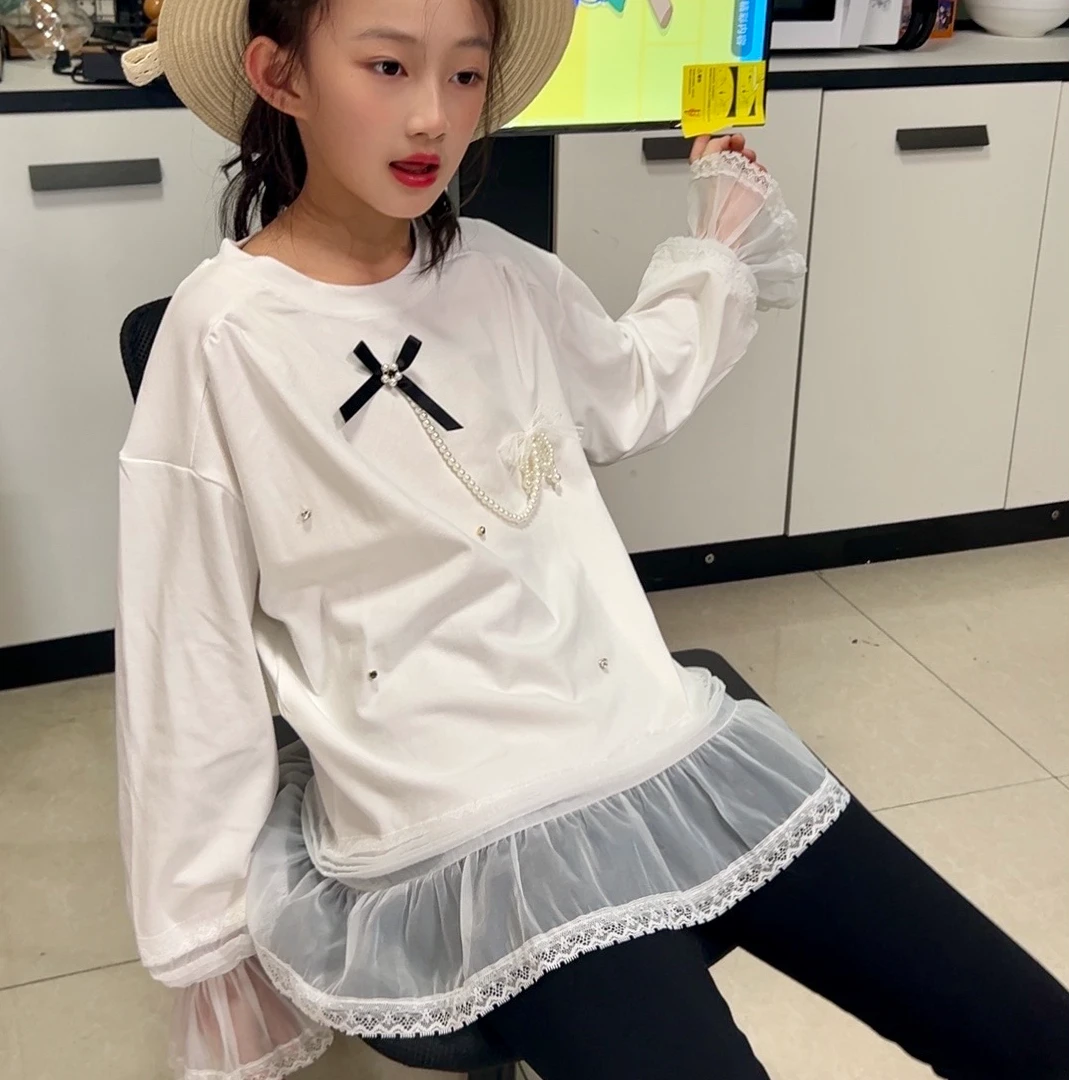 【关店清仓】新款女童长袖中长款宽松长袖T恤洋气蕾丝拼接公主上衣