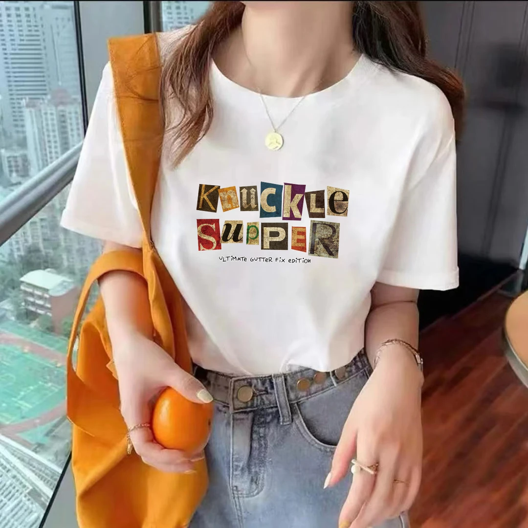 夏季时尚宽松印花潮流春夏卡通圆领设计感短袖-做旧英文