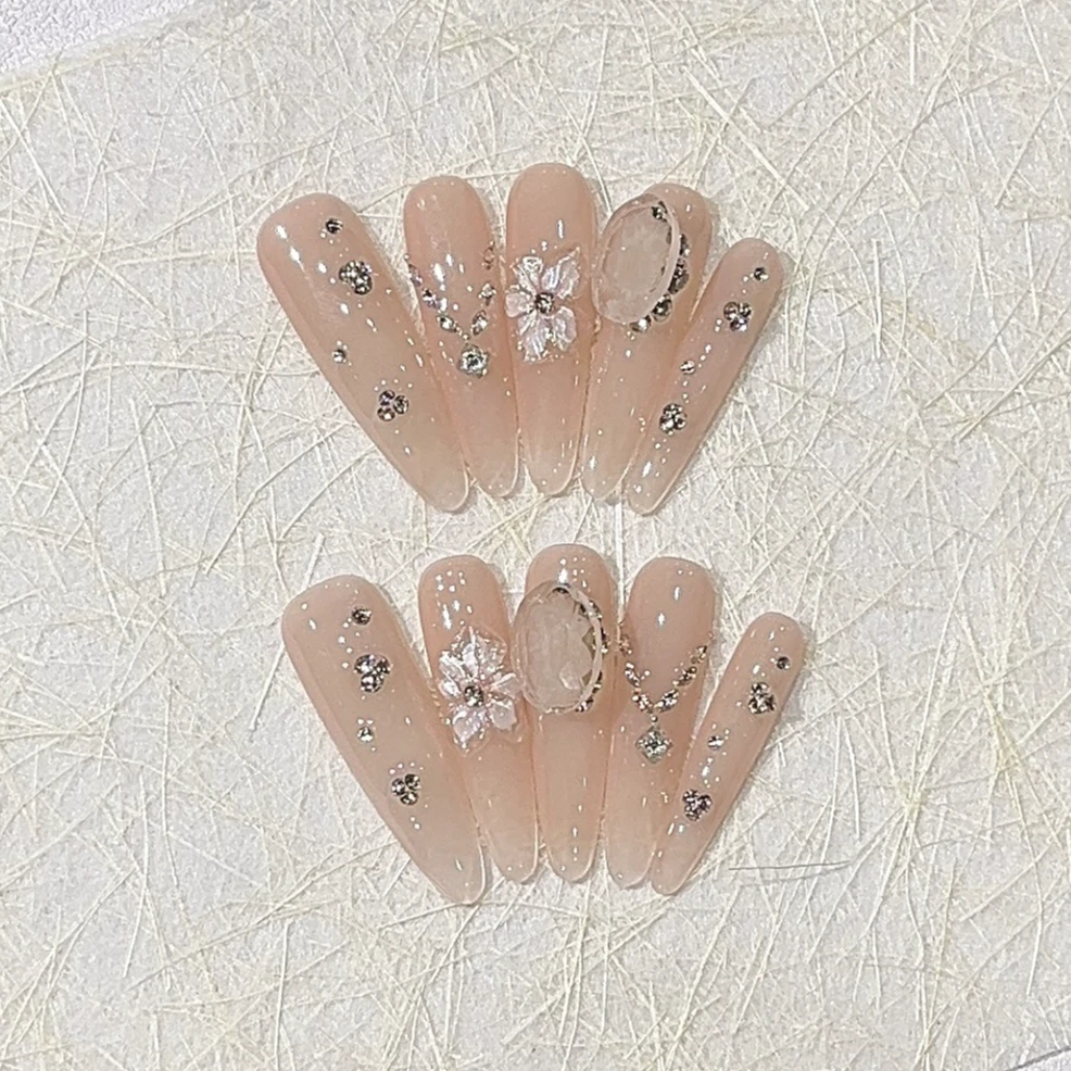 【冷萃茉莉】温柔风裸色冰透琉璃花花设计感美甲碎钻气质穿戴甲