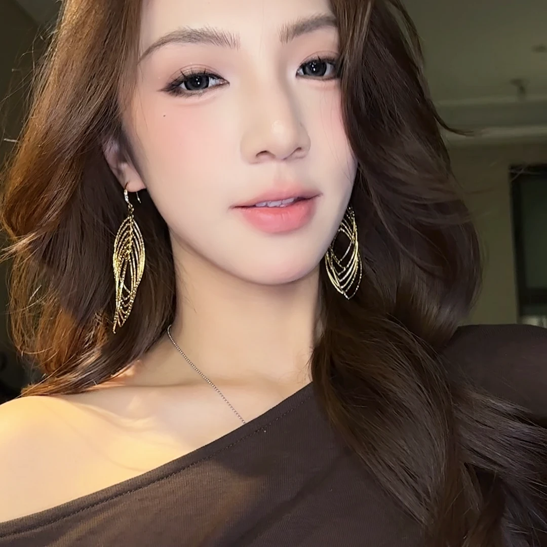 合金耳饰 金色镂空树叶流苏耳环简约高级设计感小众独特耳饰