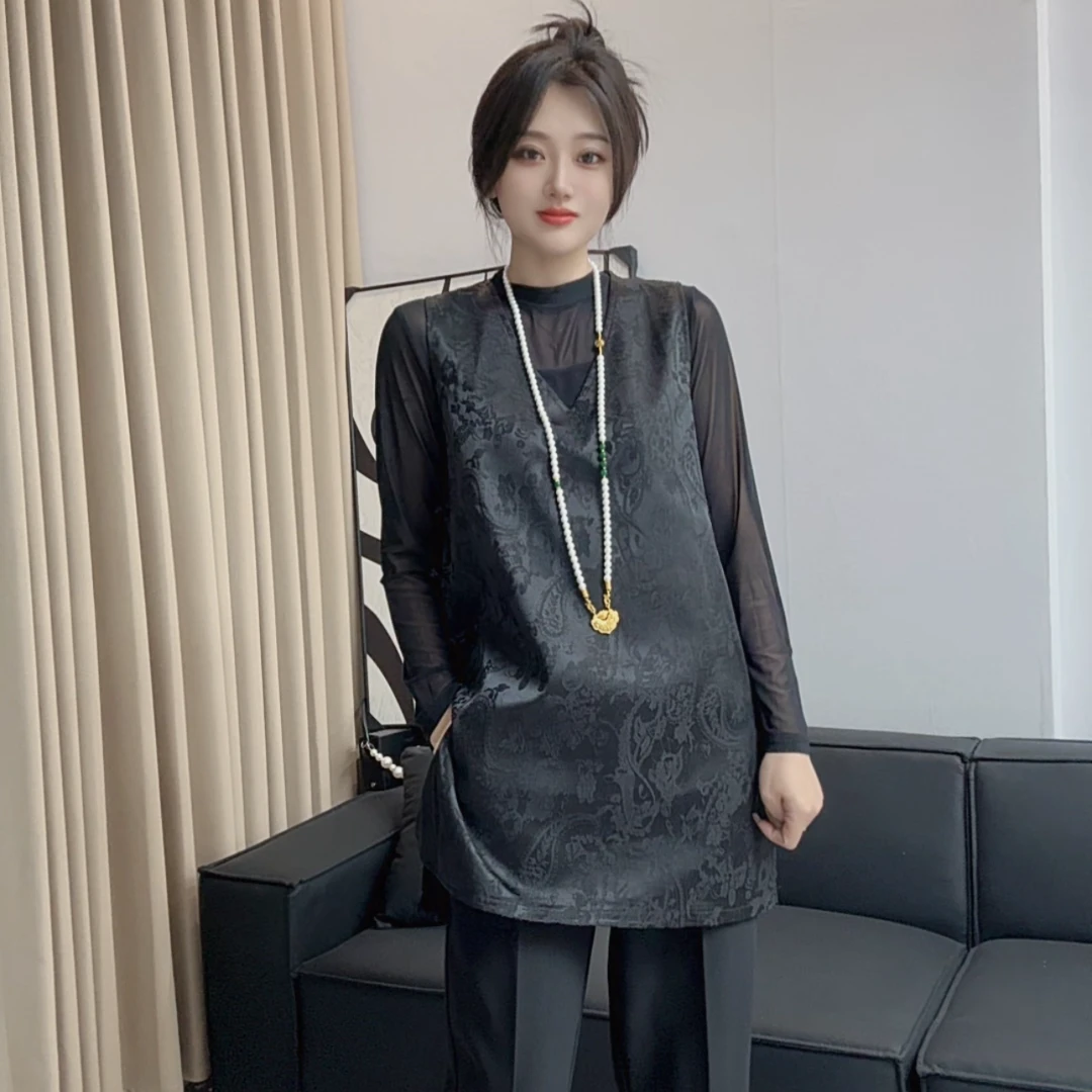 国风盘扣马甲裙打底衫套装宽松显瘦百搭新中式时尚豹纹复古两件套