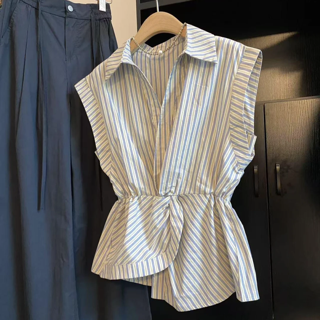 【维米尔蓝】polo领气质条纹拼接宽松显瘦坎肩无袖衬衫C5604