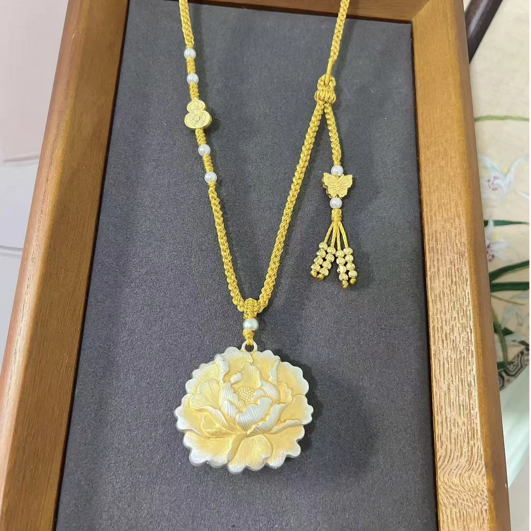 吊坠足银 足银999描金牡丹花吊坠新中式国风项链手工气质白色轻奢