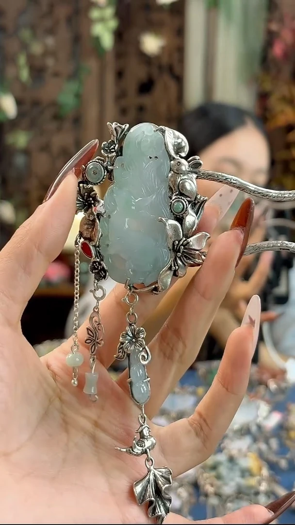 银S925镶嵌挂件翡翠发簪