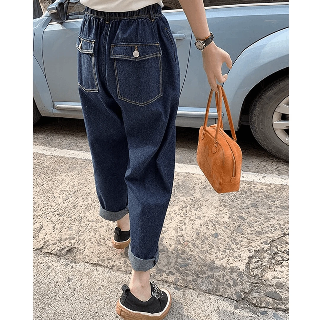 2025秋冬新款牛仔裤大码梨形身材显瘦胖mm宽松高腰哈伦萝卜裤女