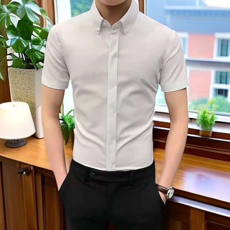 娜罗普西夏季时尚男士短袖衬衫男修身休闲商务衬衣新款暗扣寸衣潮