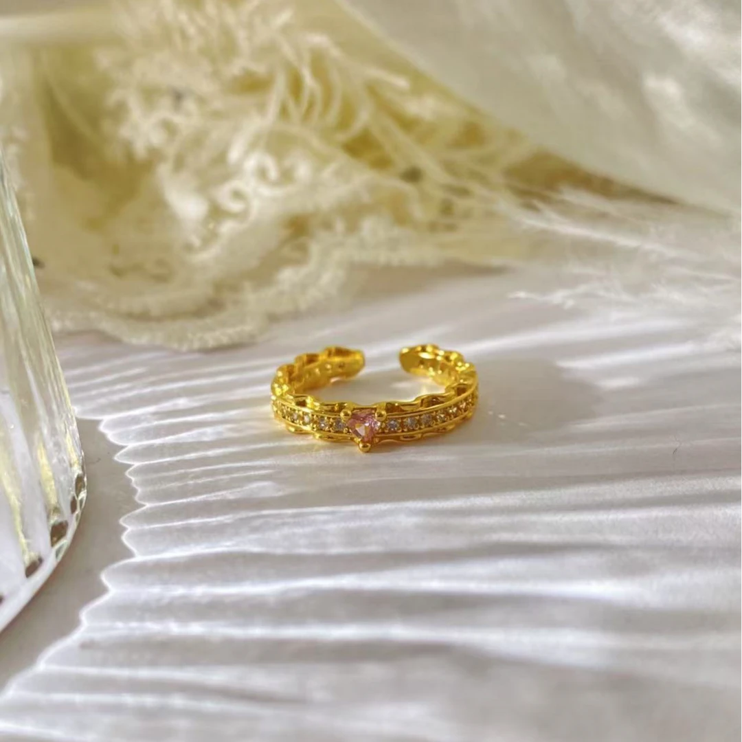 铜合金锆石戒指 复古粉钻镂空蕾丝戒指女宫廷风精致百搭食指戒