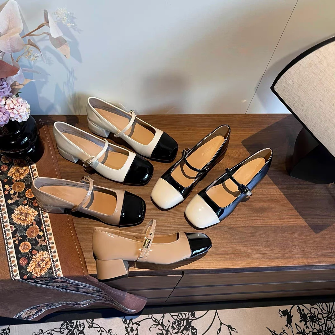 高跟玛丽珍鞋女2025春季新款百搭方头中跟浅口一字带单鞋6666