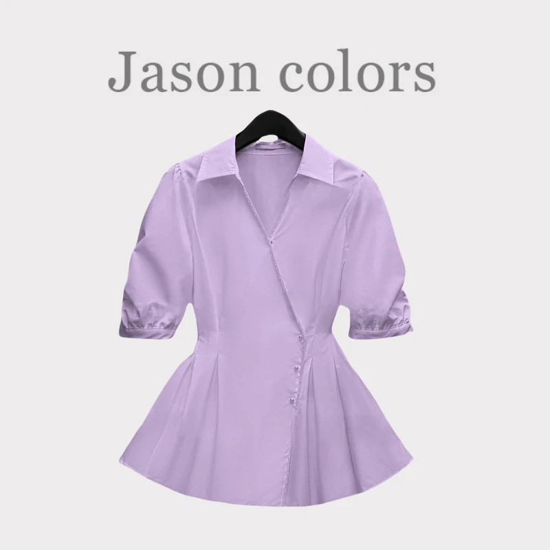 【Jason Colors】法式收腰条纹V领泡泡袖衬衫夏季新款气质时尚衬衣