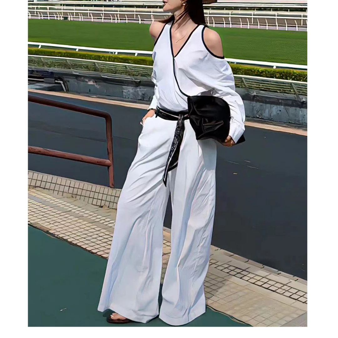 2025超火穿搭一整套女夏老钱风百搭露肩长袖上衣阔腿拖地裤两件套