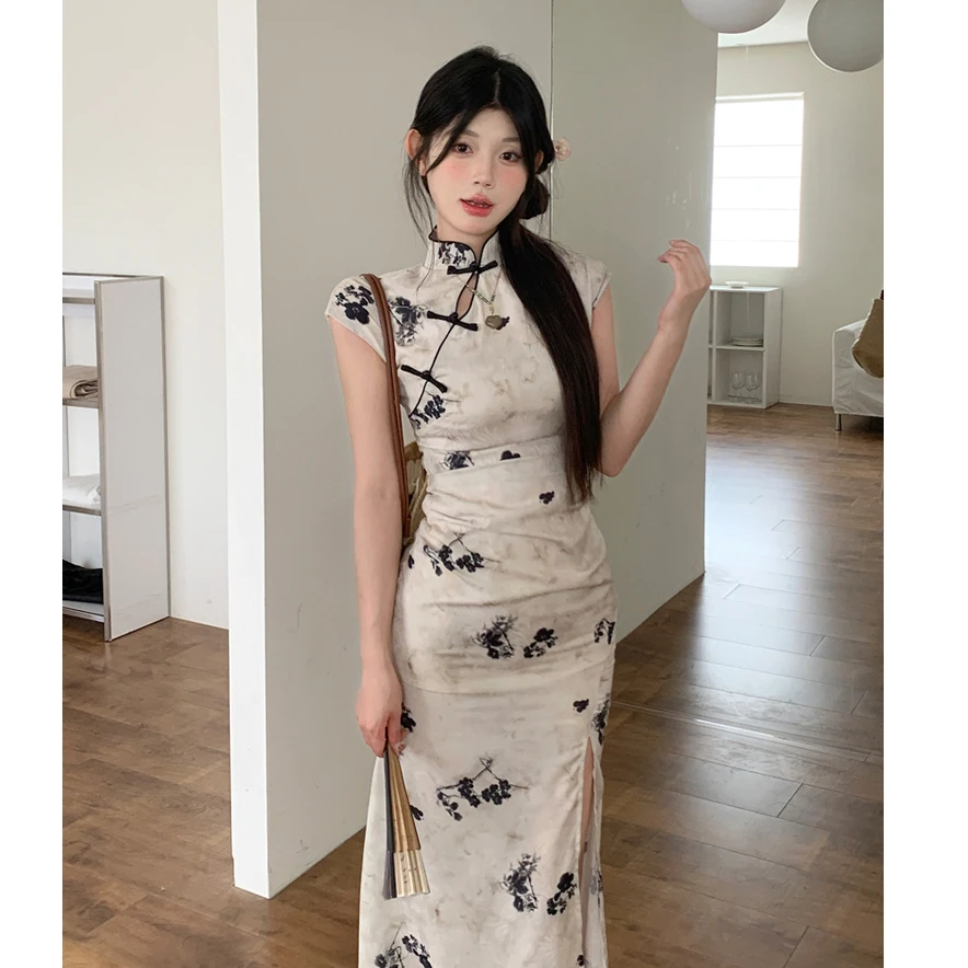 国风新中式碎花改良旗袍女夏季收腰显瘦盘扣包臀裙开叉碎花连衣裙