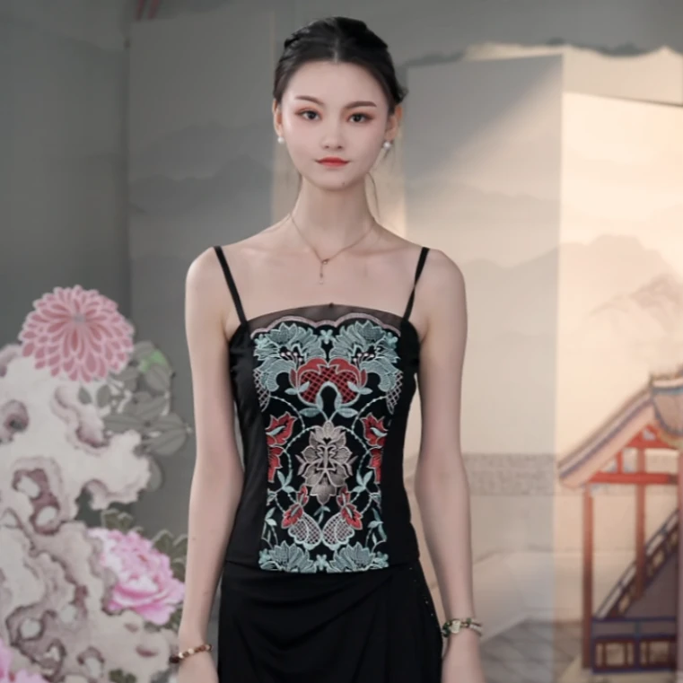 SUSSI/古色25夏吊带网纱刺绣无袖上衣