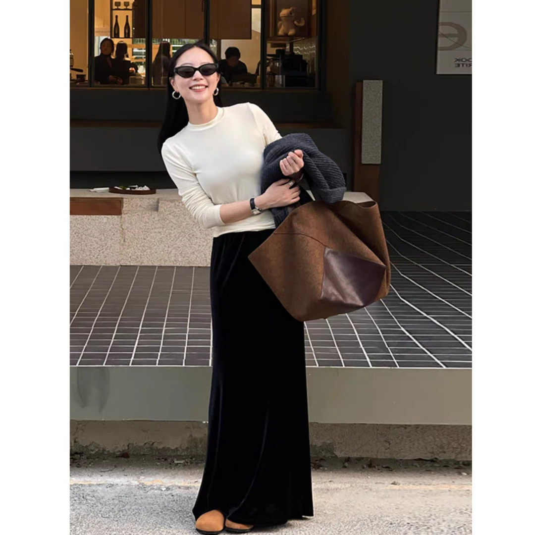 高级感纯色鱼尾a字长裙2025秋季新品松紧腰显瘦减龄中长款丝绒裙