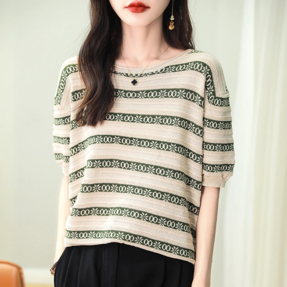 品牌夏季新款针织衫T恤短袖纯棉圆领条纹大码宽松上衣