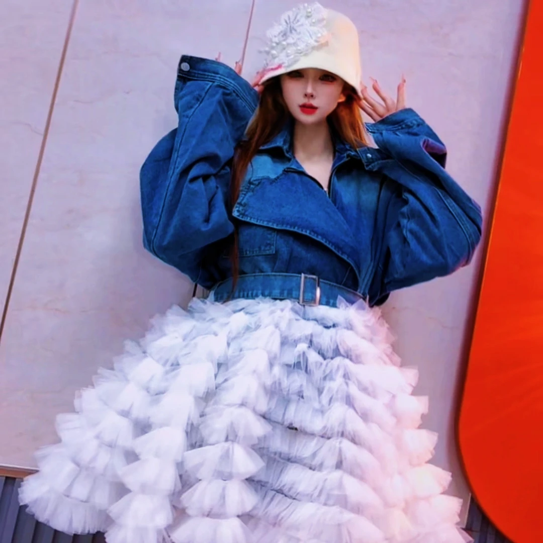 2387【熙妮潮牌】潮牌设计师私人定制牛仔外套拼纱裙宽松简约百搭