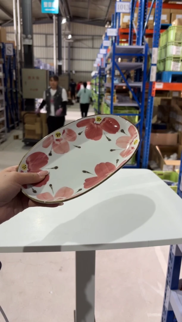 玻璃纸花々 布目楕円皿（赤）
