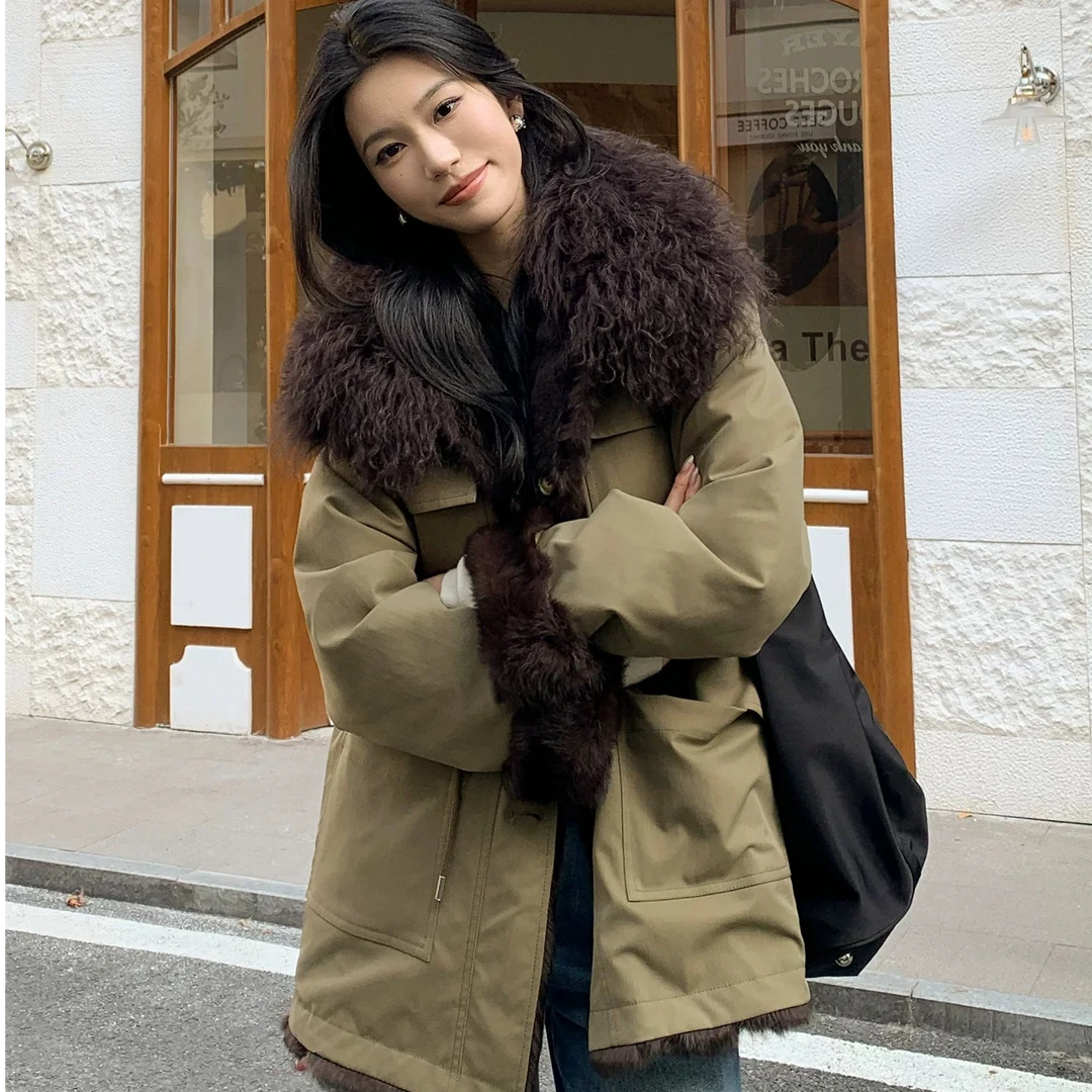 2025新款真兔毛皮毛一体两面穿派克服女桃花流水鳜鱼肥