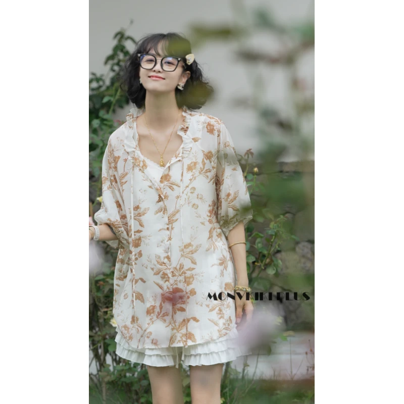 MoNvKiKiPlus2“离别开出花2“大码微胖法式复古花花衬衫#1332