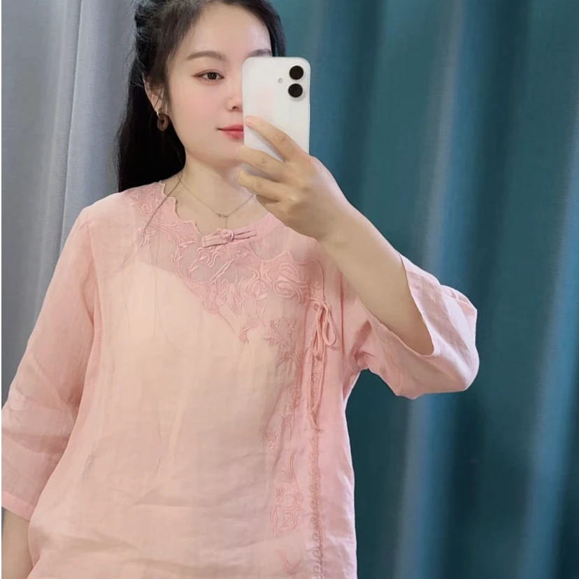 2025新中式苎麻刺绣小衫夏季女
