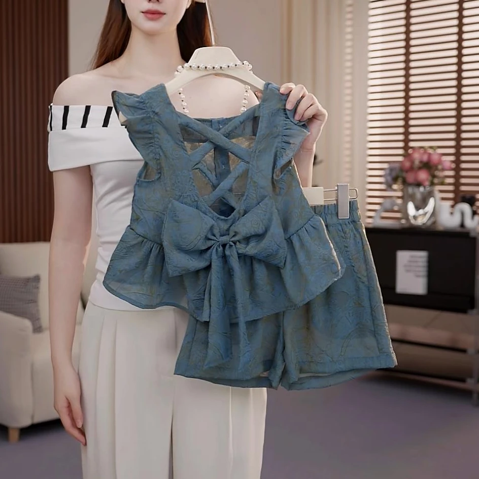 女童韩系套装女无袖蝴蝶结镂空背心上衣女夏季时尚百搭短裤-261