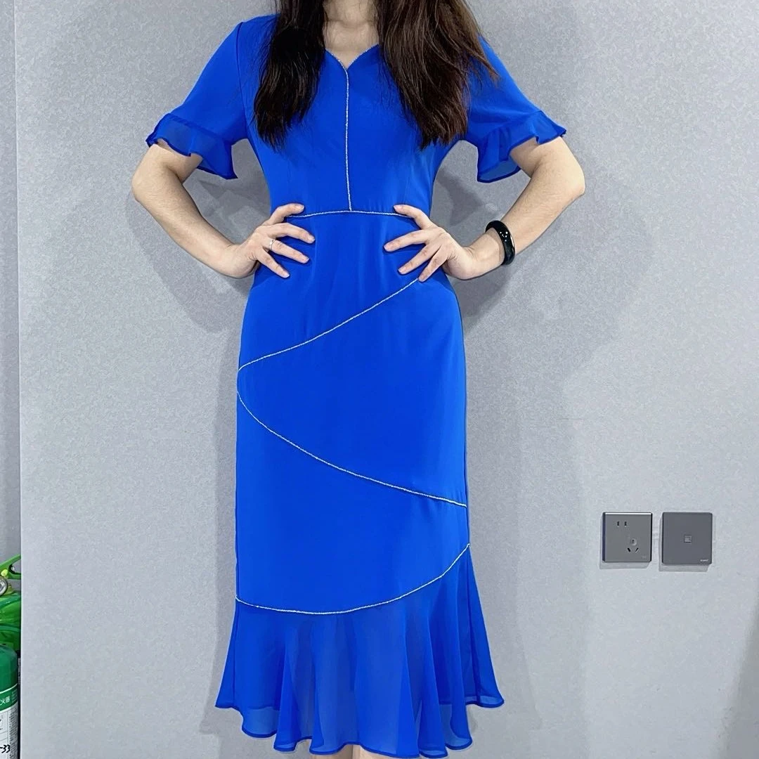 210061女装连衣裙开叉连衣裙气质轻奢时尚优雅蓝色宴会