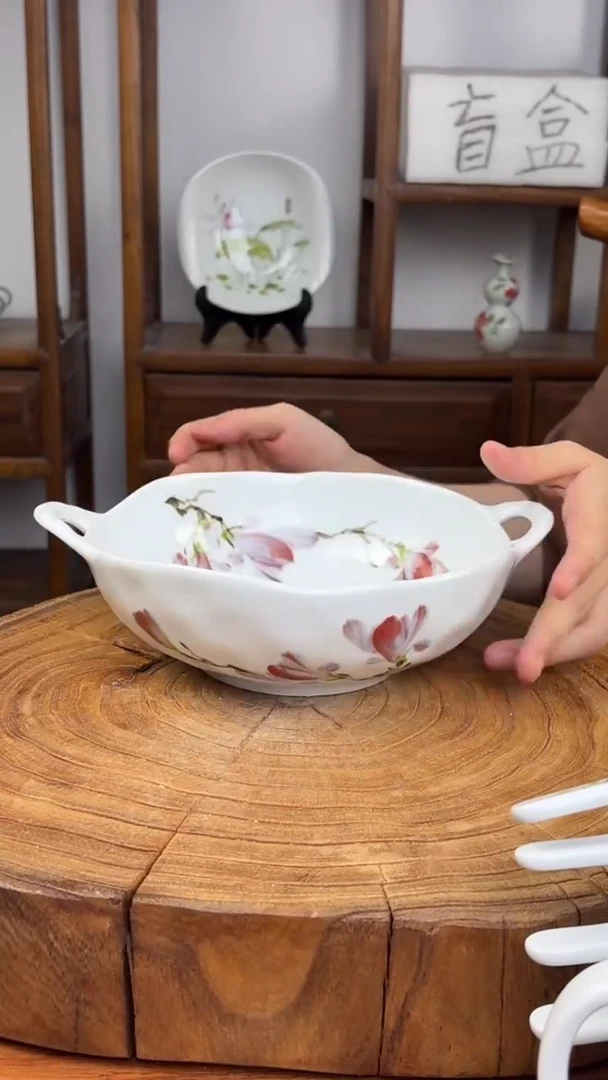 瓷片景德镇手绘高温（釉中彩）玉兰花手捏双耳碗