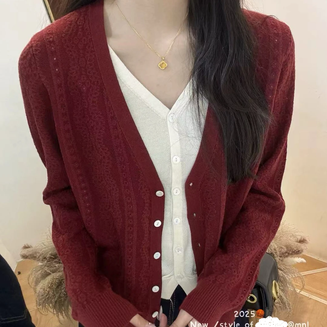 2025秋冬新款时尚洋气假两件拼色V领针织开衫长袖女装上衣外套C26
