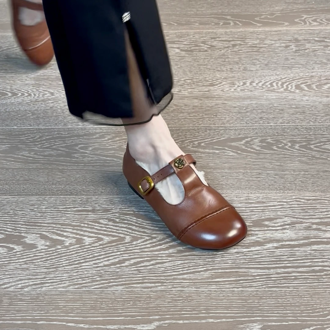 2.5CM水洗牛皮玛丽珍鞋保暖浅口秋季气质单鞋极简风时尚女鞋子