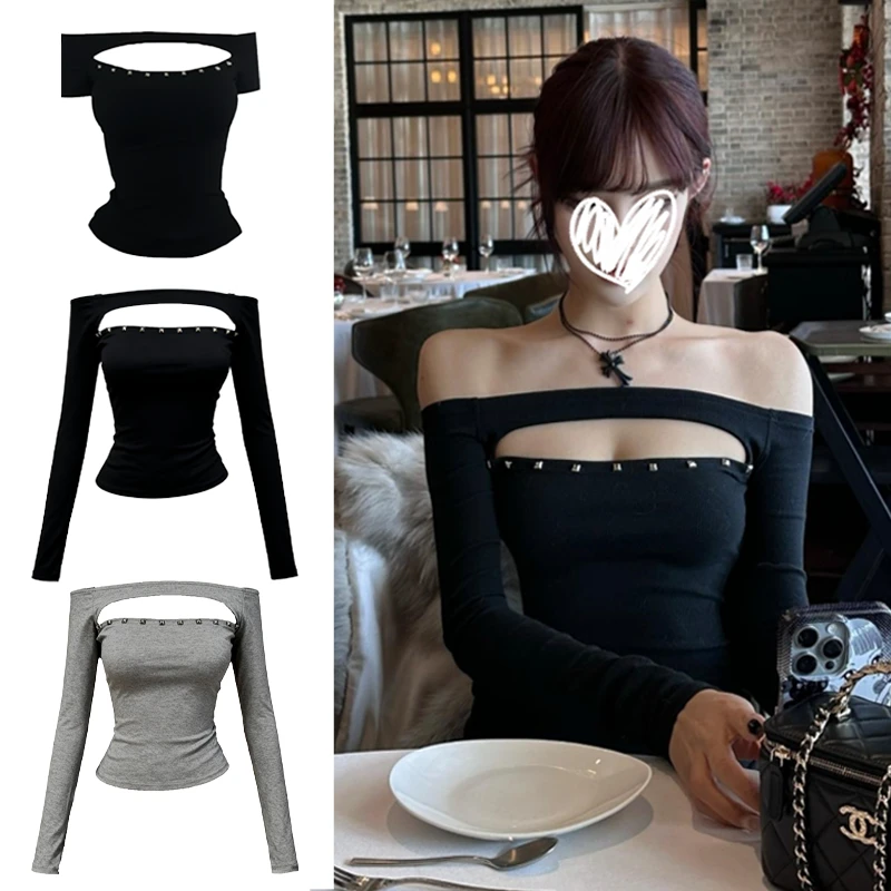秋冬欧美辣妹黑色修身镂空斜肩铆钉长袖上衣女显瘦精致打底短袖