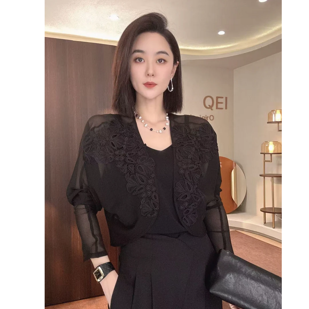 MORELAN2025气质高级小众刺绣印花透视开衫长袖防晒上衣253352