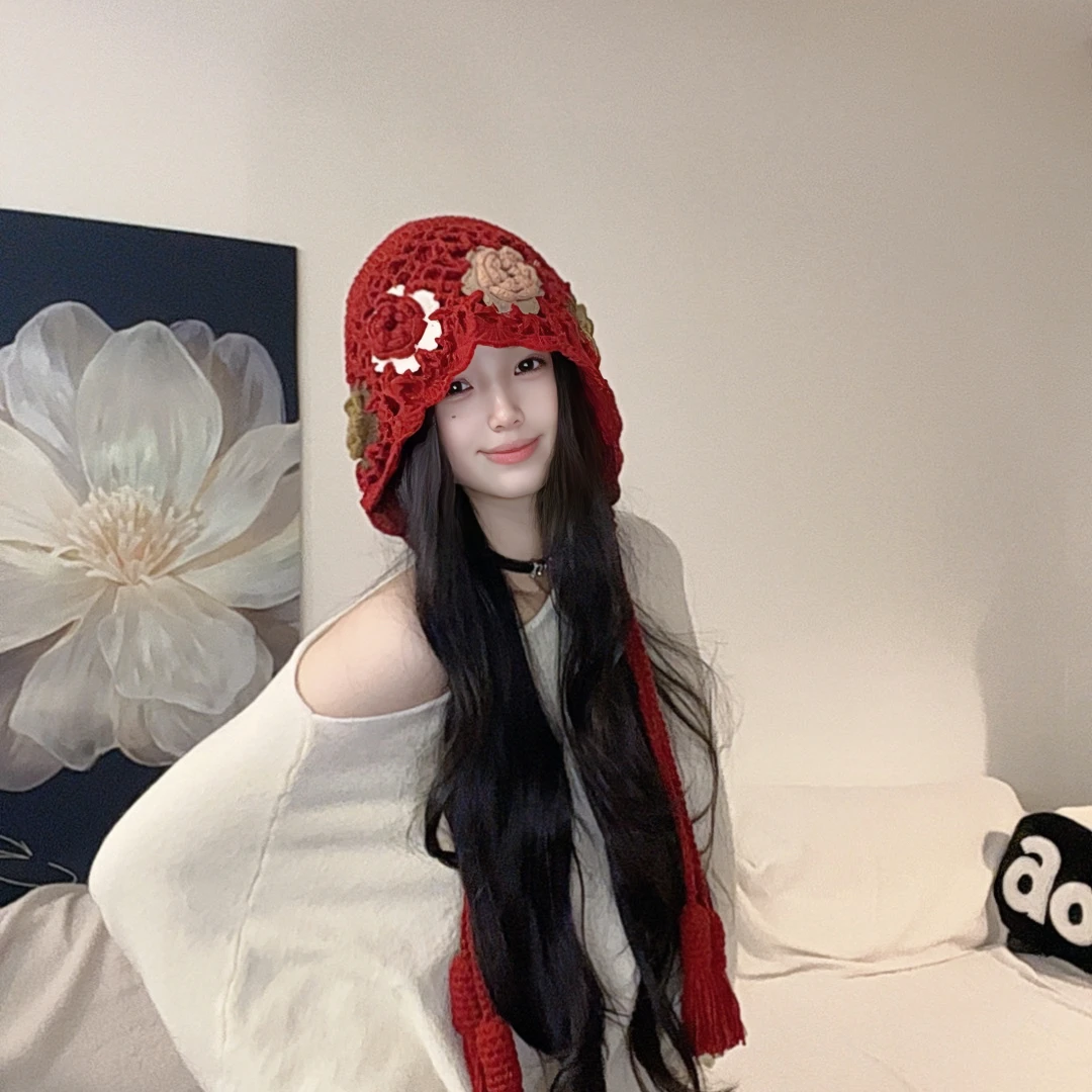 2025新款纯手工立体钩花彩色流苏显脸小氛围出游保暖包头护耳帽