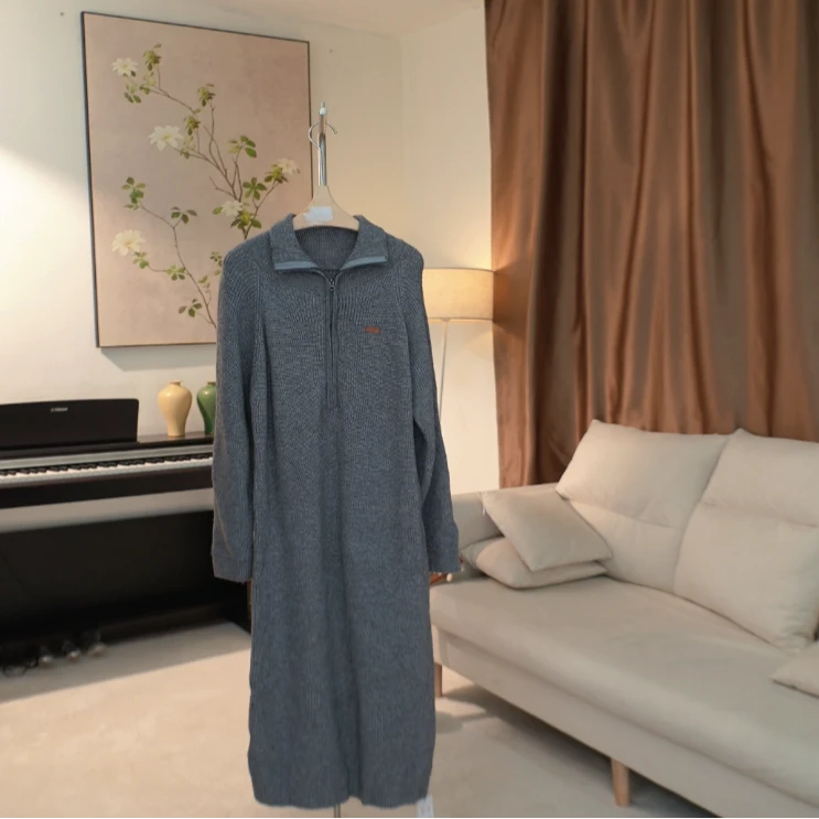 D192 秋冬纯色半拉链长款针织裙女 70826