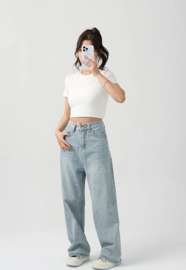 刺绣阔腿牛仔裤女高腰宽松大码胖mm遮胯显瘦垂感直筒