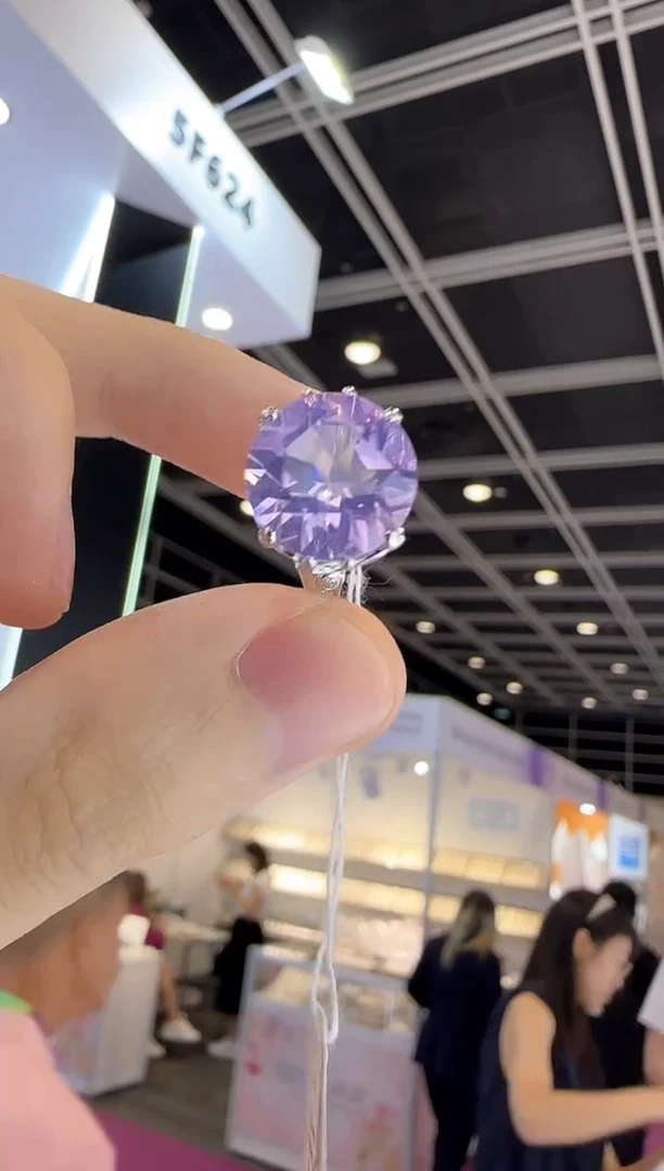 银S925镶嵌戒指水晶12mm薰衣草