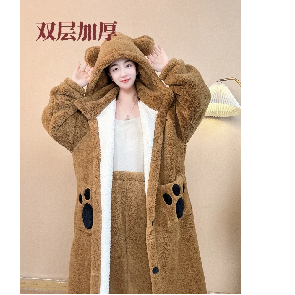 深冬双层巨厚连帽中长款加绒加厚保暖家居服睡衣睡袍浴袍套装男女
