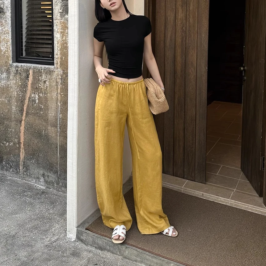 呼吸亚麻裤 亚麻窄腰头抽绳休闲裤阔腿裤宽松长裤女