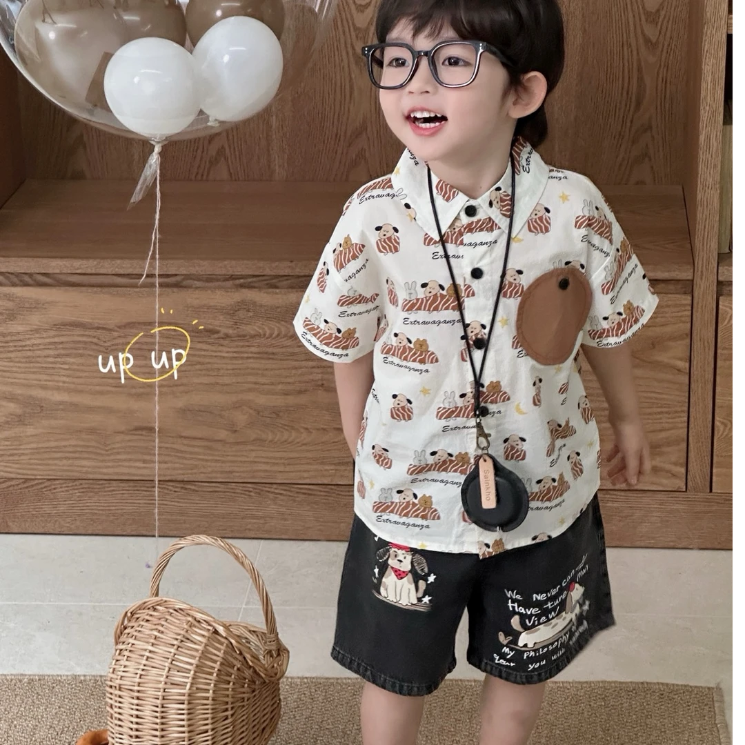 衬衫+短裤男童休闲夏季男宝夏款印花卡通时尚洋气薄款韩版翻领