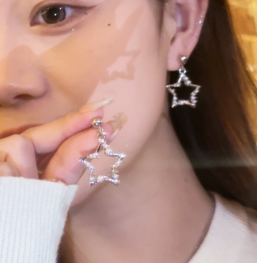 合金锆石耳饰 镂空星星锆石珠珠耳环韩版五角星耳饰