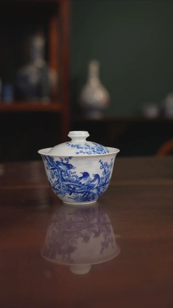 晓月窑青花花鸟盖碗