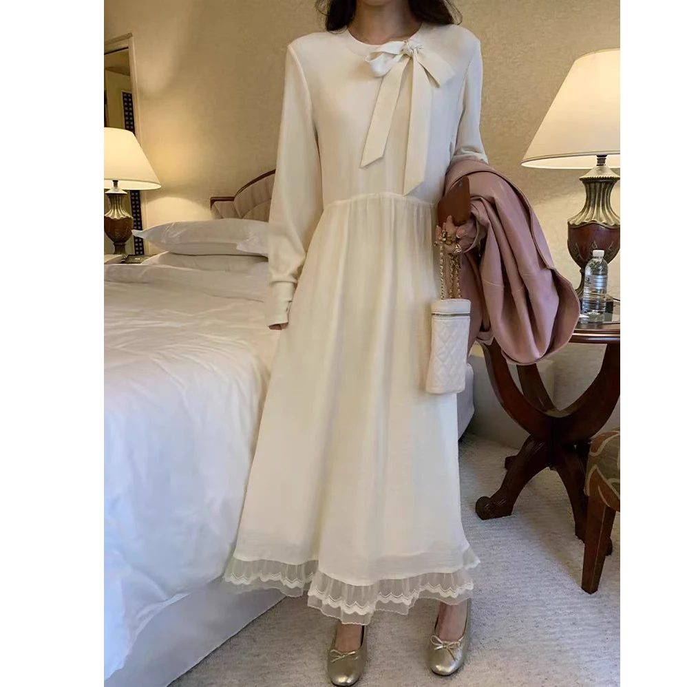 【NAZ微胖大码定制】法式长袖蝴蝶结蕾丝系带连衣裙