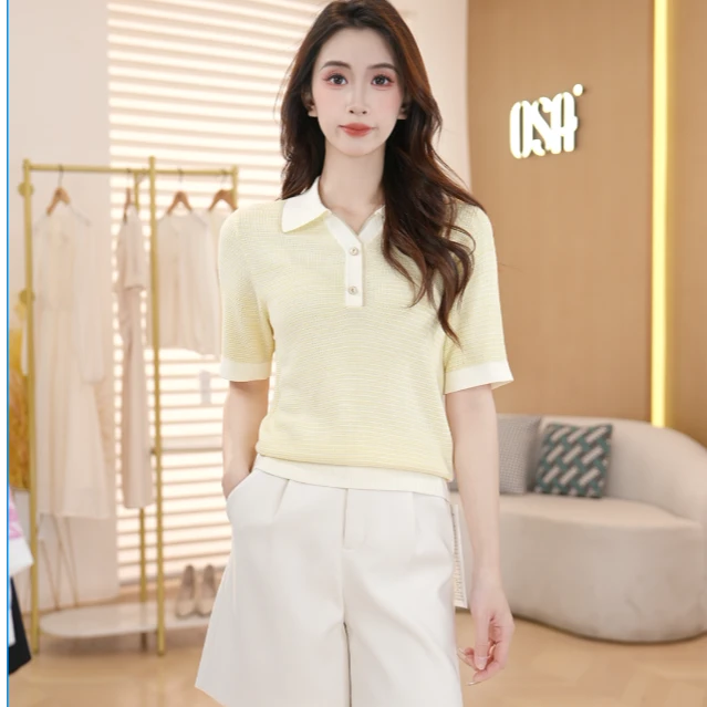 【菠萝冰衫】OSA小香风翻领短袖针织衫女夏季新款上衣S125B16028