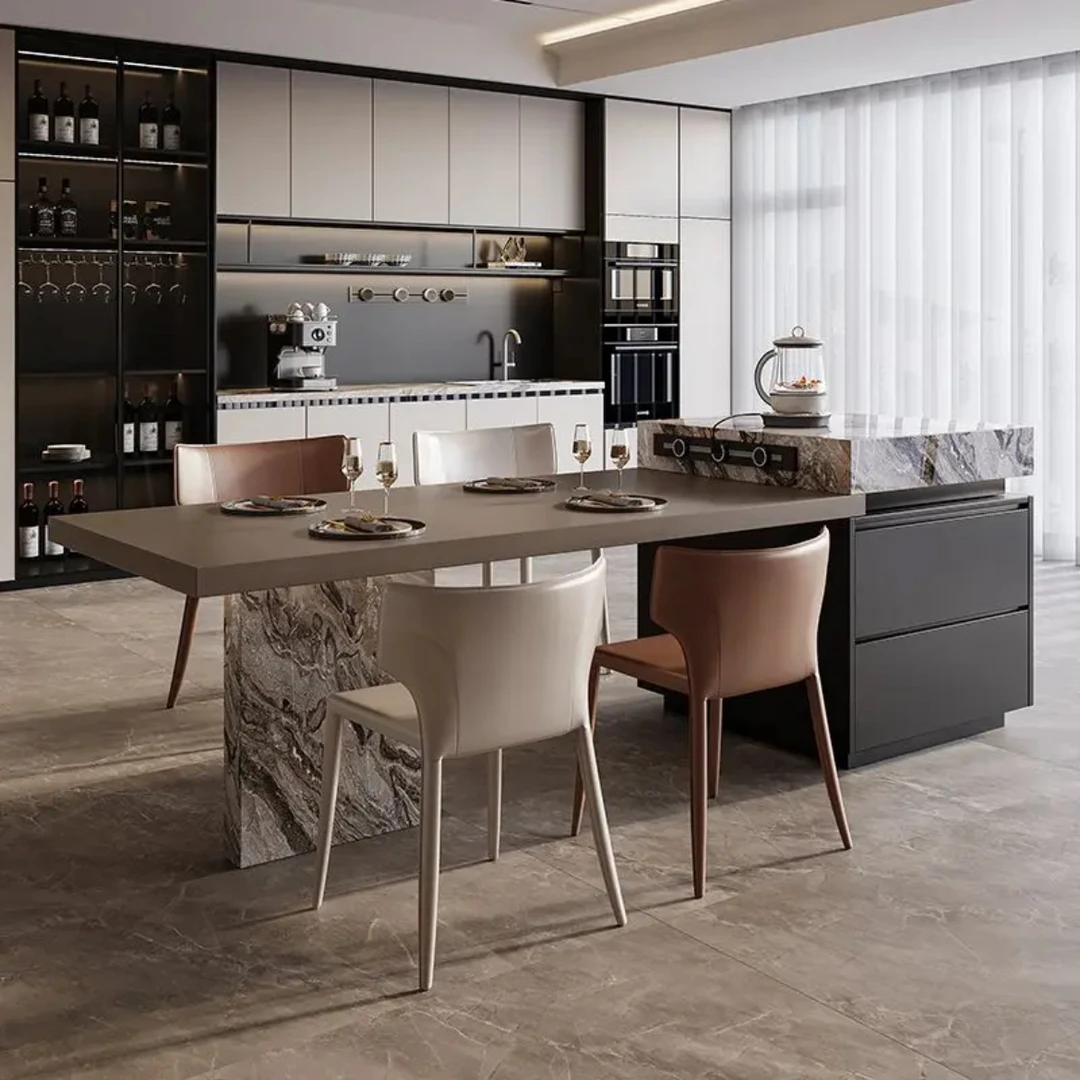 意式极简岩板岛台餐桌一体家用可伸缩中导台轻奢岛台定制水槽