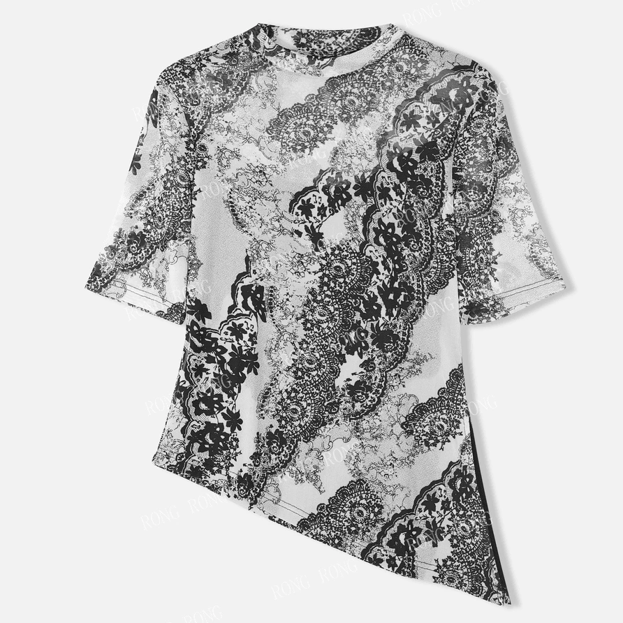 【水墨青花】2025年夏季新款复古艺术印花清透网纱不对称短袖休闲