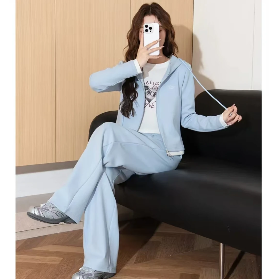 33386浅蓝色时尚休闲套装女2025秋冬季修身显瘦假两件开衫+直筒裤