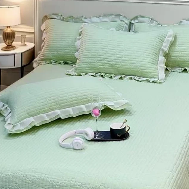 【枕套一对】韩版针织双层纱绗缝加棉加厚枕套一对公主风花边款