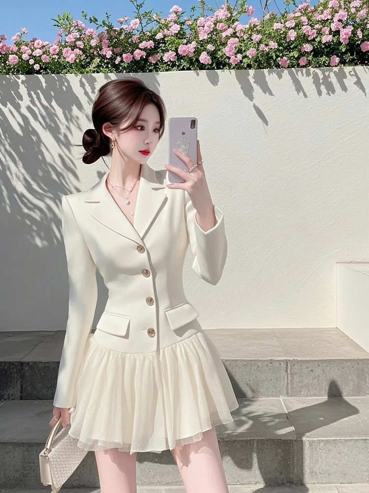 2025网红新品小香风拼接西装连衣裙女法式春夏新款裙子气质百褶裙