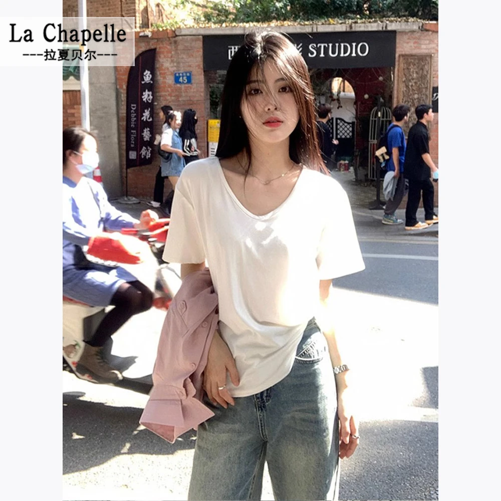 拉夏贝尔白色正肩短袖t恤女夏季2025新款宽松显瘦遮肚法式v领上衣